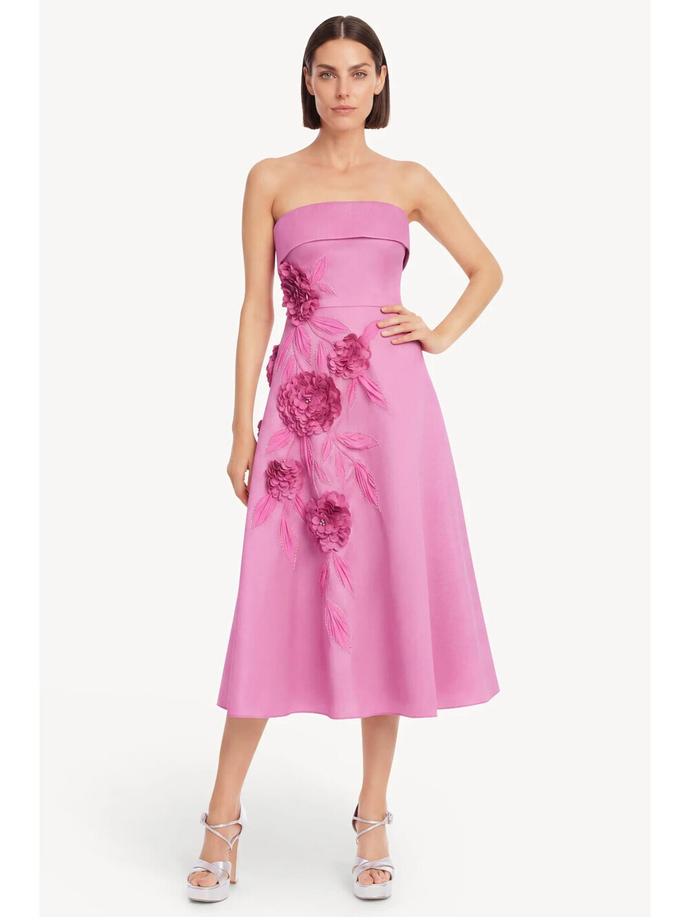 Badgley Mischka Pink Rose Strapless Floral Applique Midi Dress $795 NWT sz 4